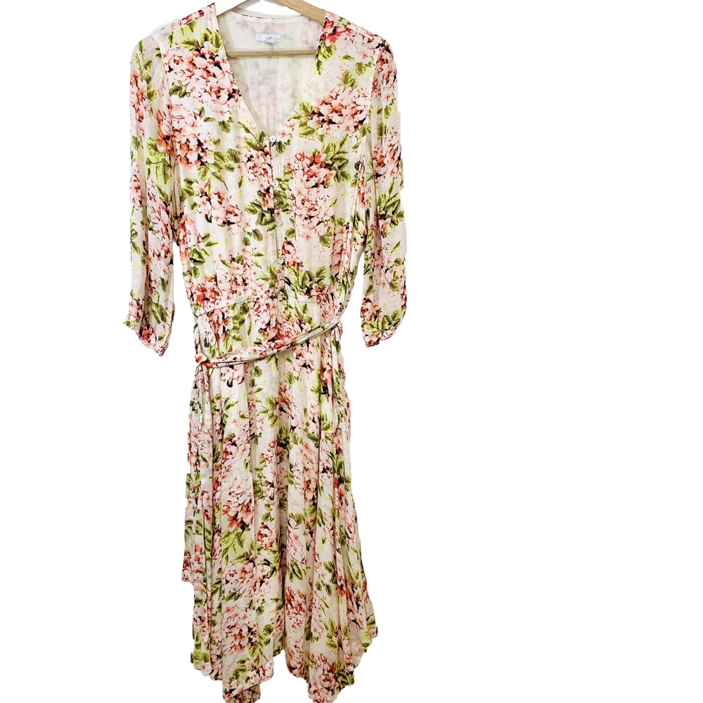 J Jill Midi Floral Asymmetric Dress Small Pink Cottage Core Flowy Boho Peasant